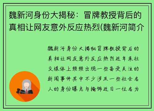 魏新河身份大揭秘：冒牌教授背后的真相让网友意外反应热烈(魏新河简介)